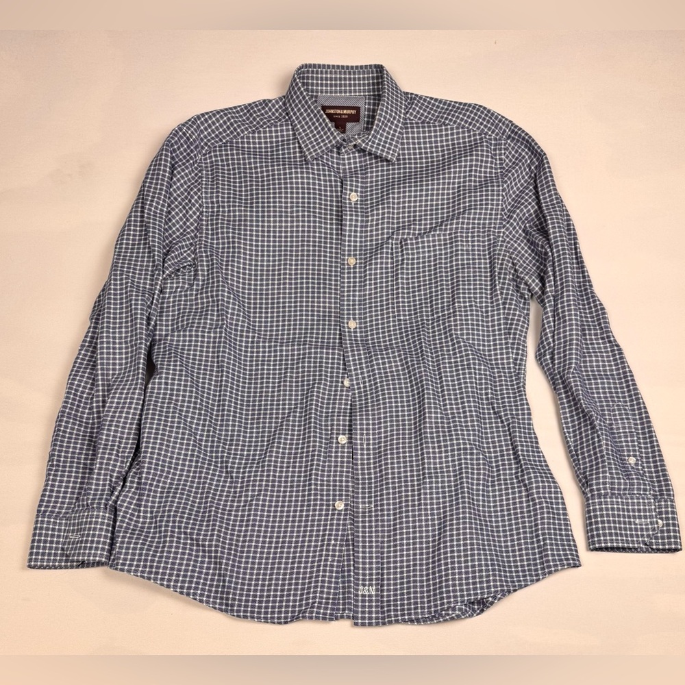 Johnson & Murphy long Sleeve Button Down Blue White Checkered Men’s L